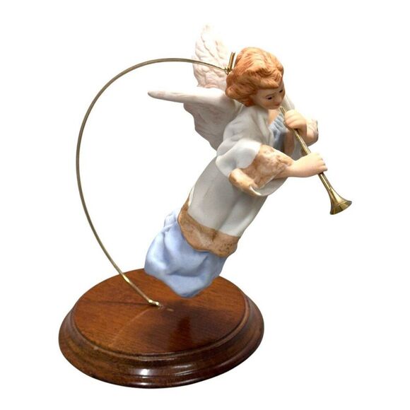 Heavenly Trumpeter Hand-Painted Porcelain Limited Ed Ornament Wood Display Stand - Picture 3 of 6